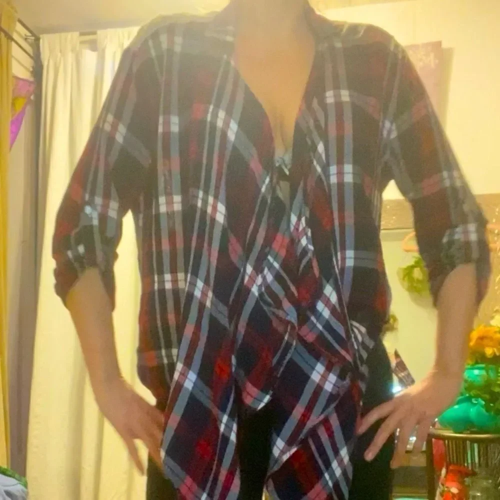 Red & Black Flannel White Crochet Lace  Back Tie Front Cardigan - Picture 4 of 5